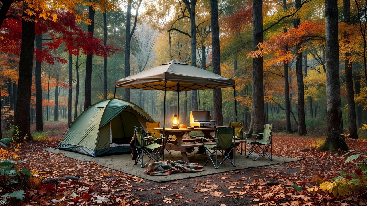 A family campsite in a north Georgia hardwood forest with tent, canopy and camp stove