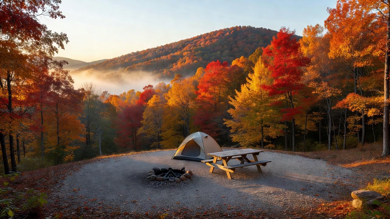A gravel campsite with a pitched tent, picnic table and fire ring above a misty autumn valley in the north Georgia mountains