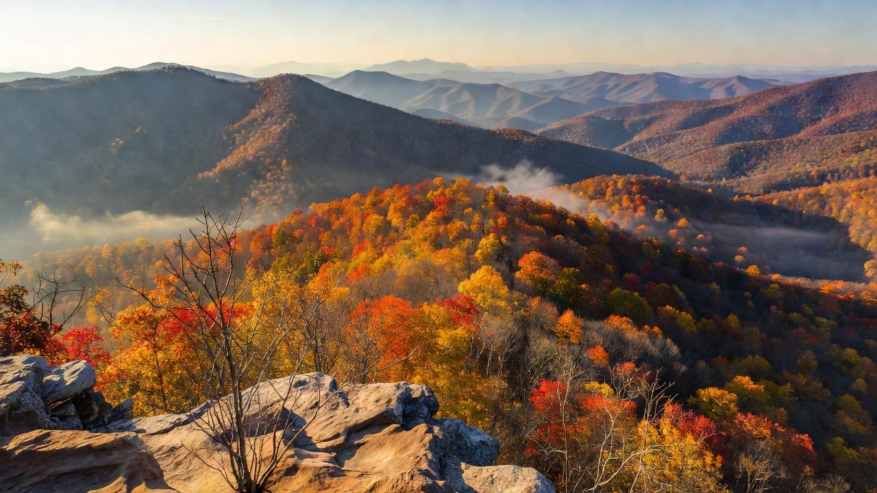 Layered Blue Ridge ridges in peak autumn color from a north Georgia overlook