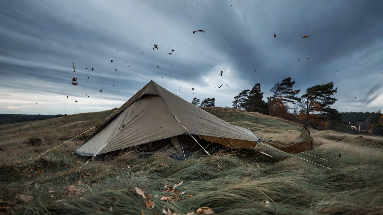A low-profile family tent pitched with every guy line taut in an exposed, windy campsite