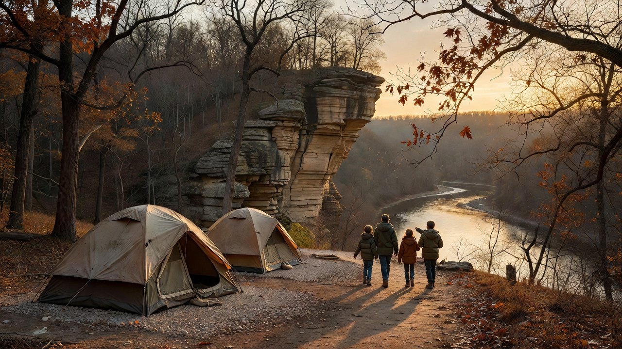 Two tents pitched on a gravel pad below a sandstone bluff at a late-autumn family campsite in southern Illinois, river below and bare oaks above
