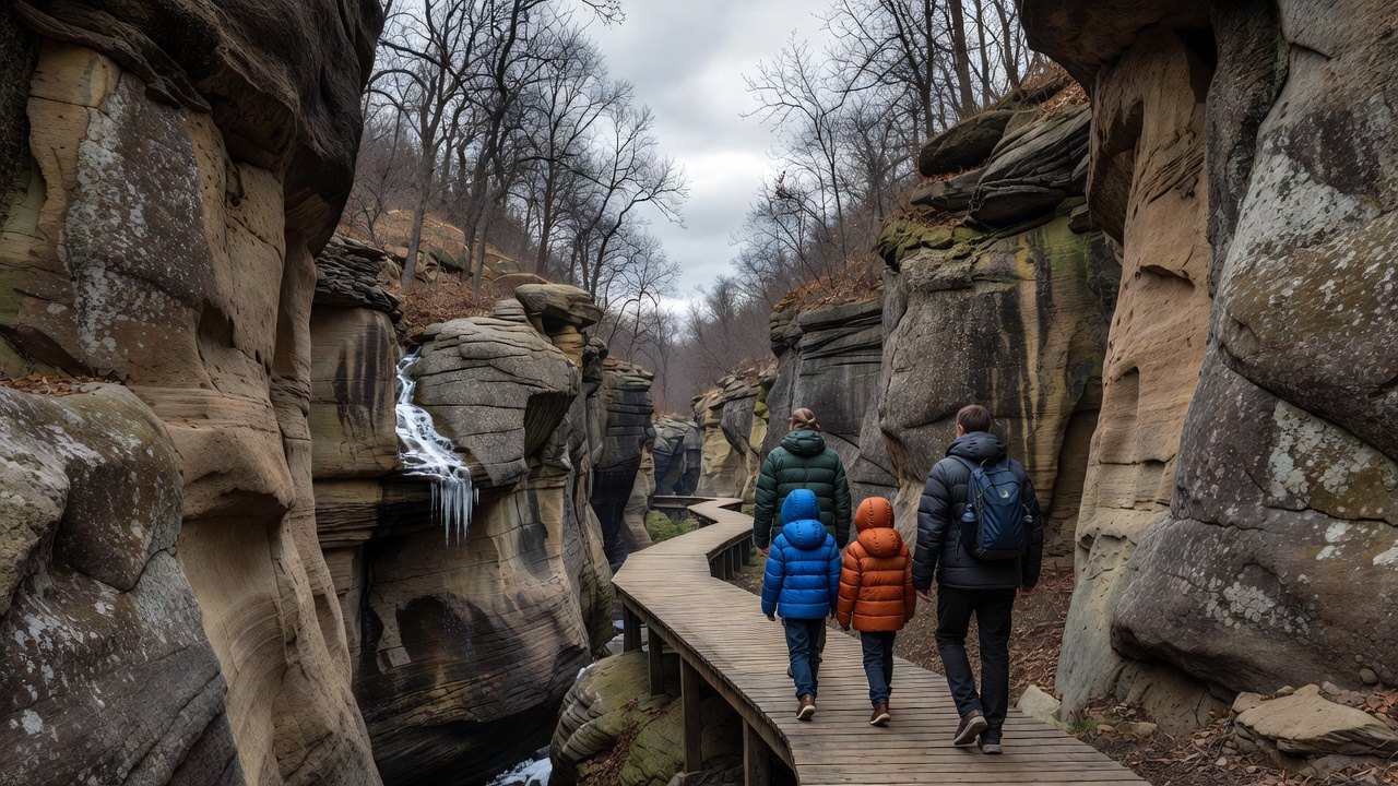 A family walking a wooden boardwalk through a frozen sandstone canyon in Illinois in November, icicles on the seep and bare trees above