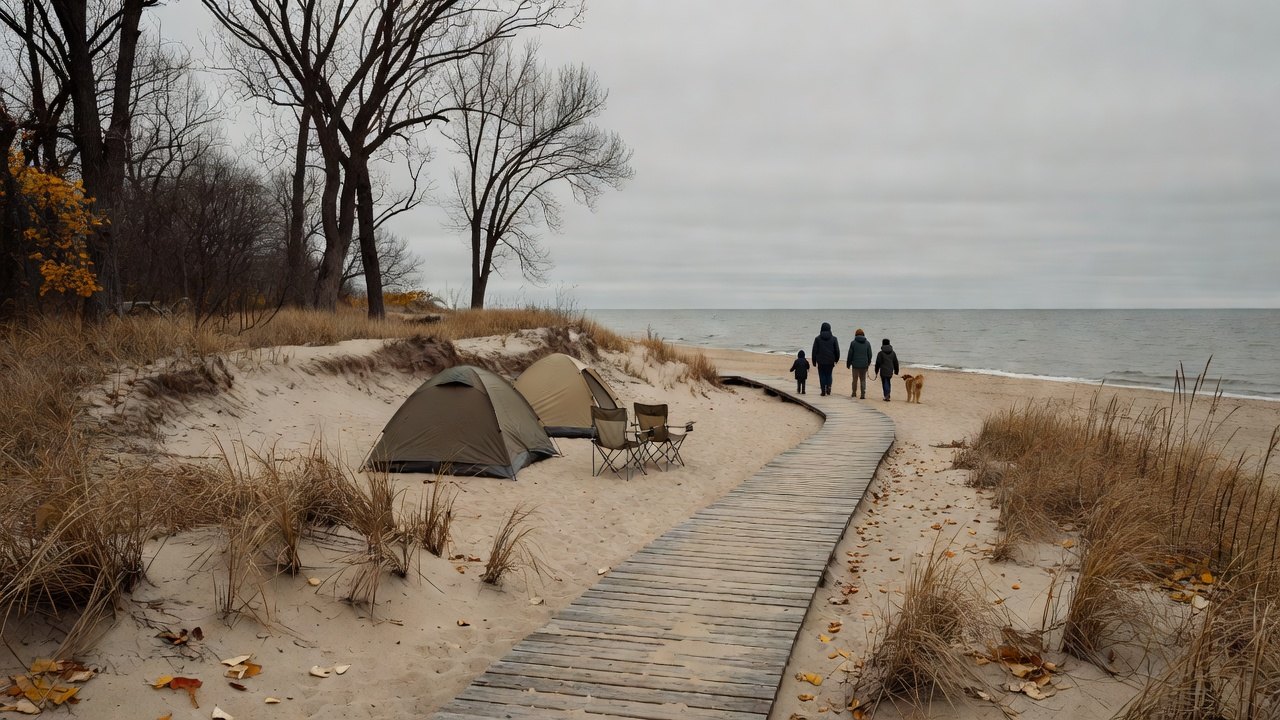Two tents pitched on sand behind a bare dune ridge at Indiana Dunes in late autumn, boardwalk leading to grey Lake Michigan water, a family and a leashed dog walking away