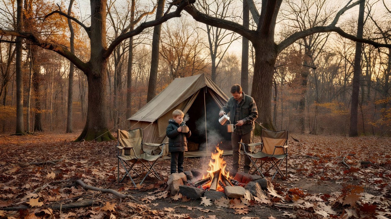 A canvas tent and campfire at a late-fall family campsite in a southern Indiana hardwood forest, a child holding a mug, an adult pouring coffee, bare oaks and fallen leaves