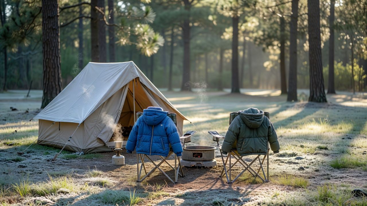 Frost on the grass at a southern winter campsite in early morning, with the tent still steaming from the camp stove