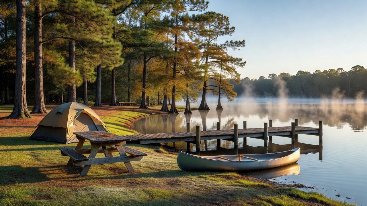 A Louisiana state park lakeside campground on a clear October morning, with a pier and a canoe on the bank