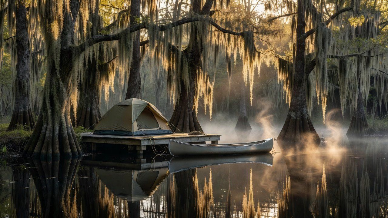 A paddle-in campsite platform among moss-draped cypress trees in a Louisiana swamp at golden hour