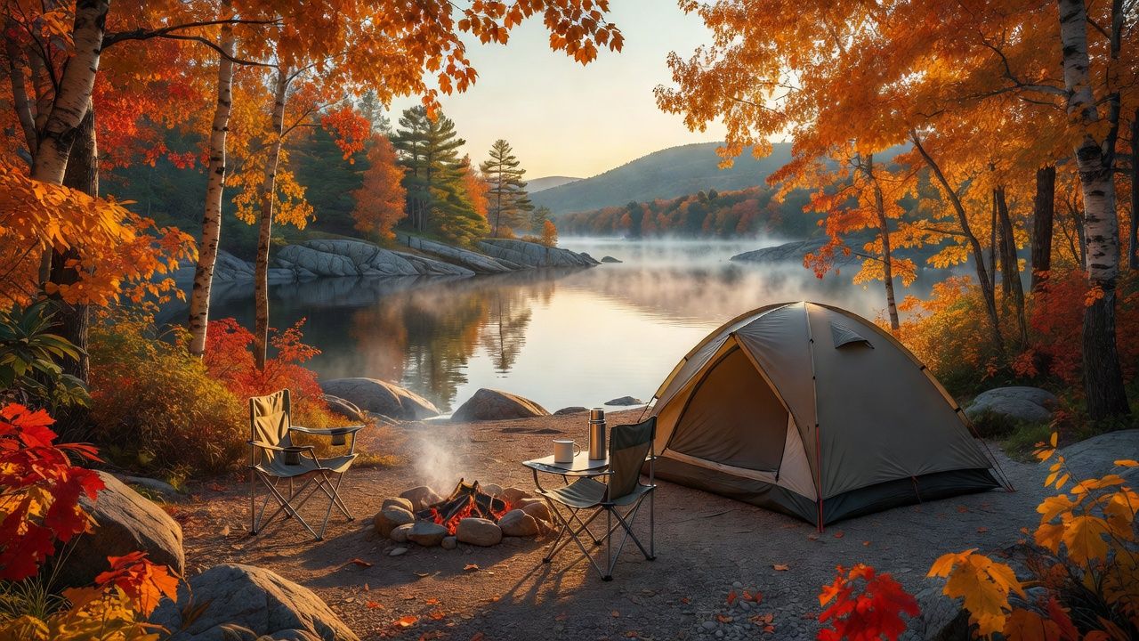 Autumn campsite on a Maine lakeshore with a tent, camp chairs and birch trees turning gold
