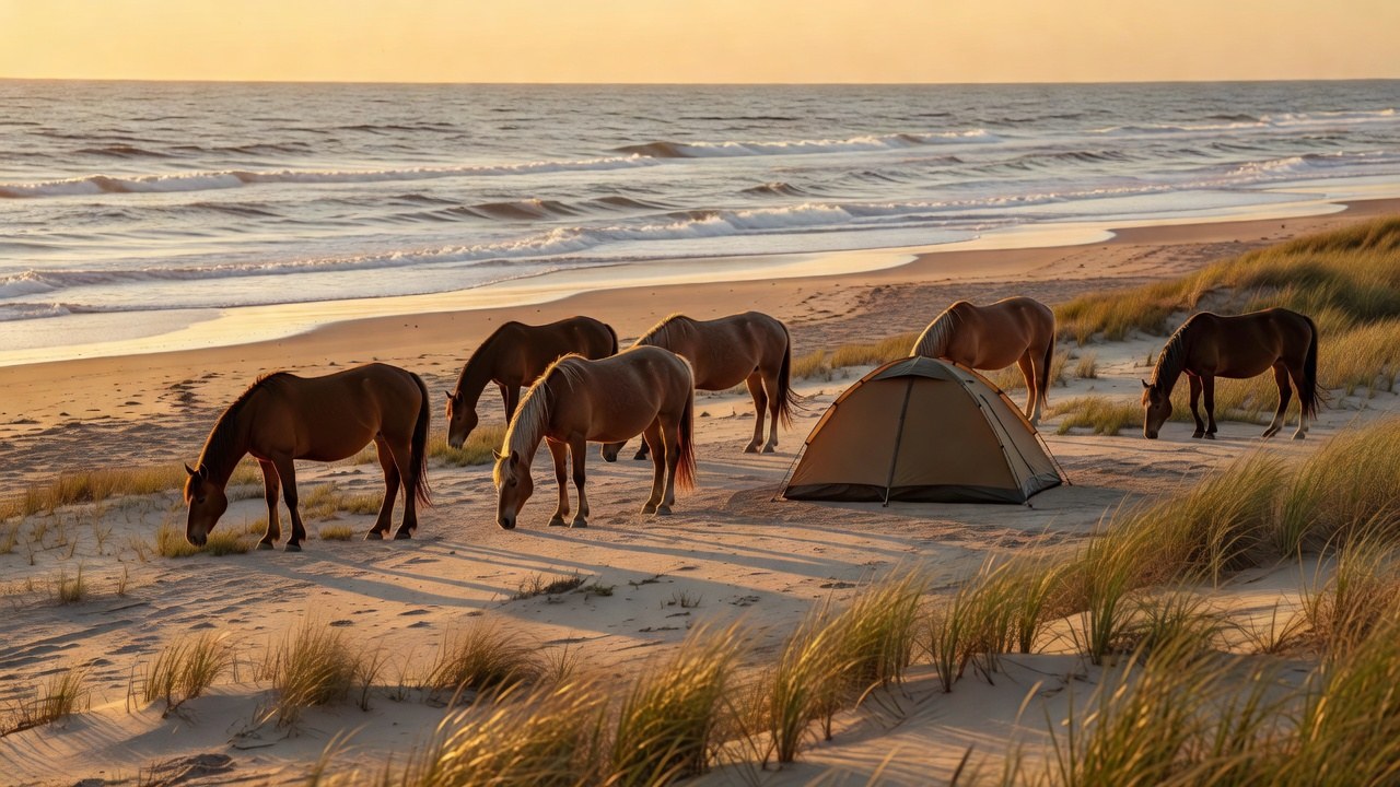 Wild horses grazing beside a tent on a barrier-island beach at sunrise