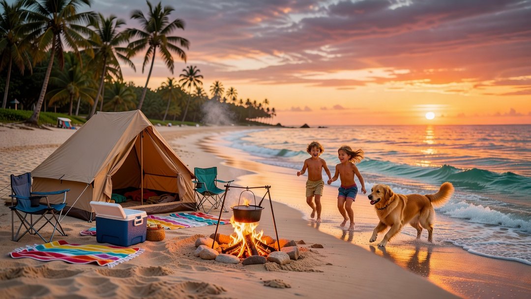 A family tent on a beach at sunset during a fall camping weekend