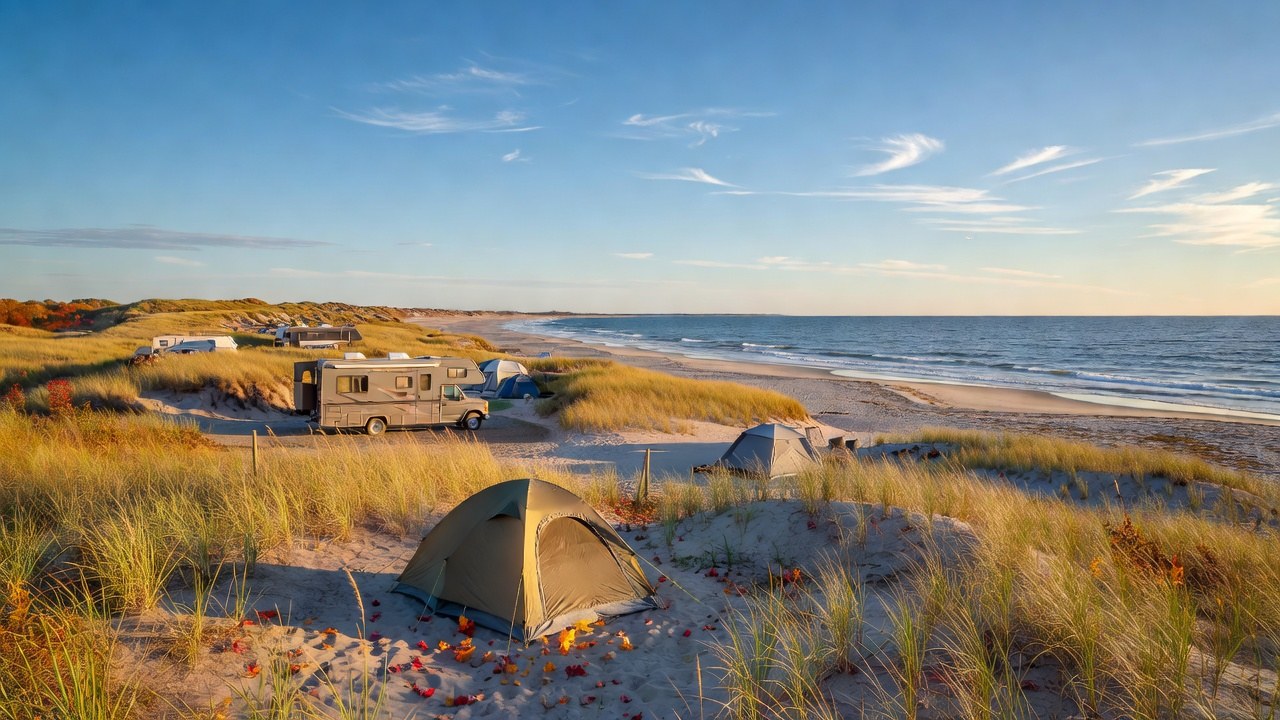 Late-season Cape Cod campground behind the dunes at a Massachusetts state park, with beach grass turning gold in October