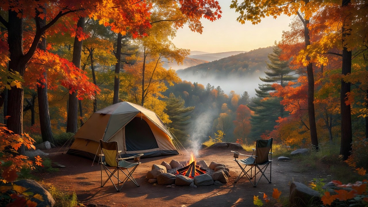 A Massachusetts state park campsite in the Berkshire hills during peak fall foliage, tent and campfire ring among red and orange maples