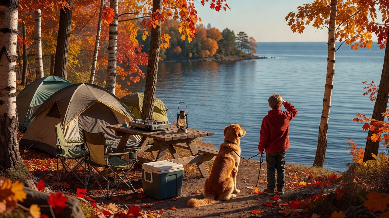 A Michigan campsite in early October on a forested bluff above the lake, with fall color around the tents