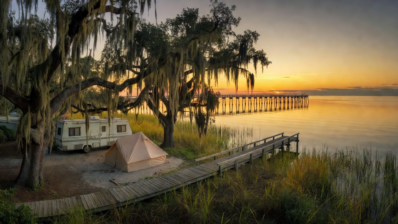 A Gulf Coast campground at dusk on the Mississippi coast, with a tent and RV under moss-draped live oaks and a boardwalk leading through marsh toward the water
