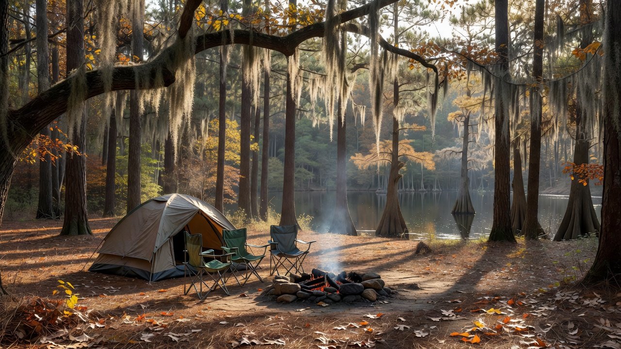 A late-autumn campsite in a Mississippi pine and oak forest, with Spanish moss in the oaks and a cypress-lined lake behind the tent