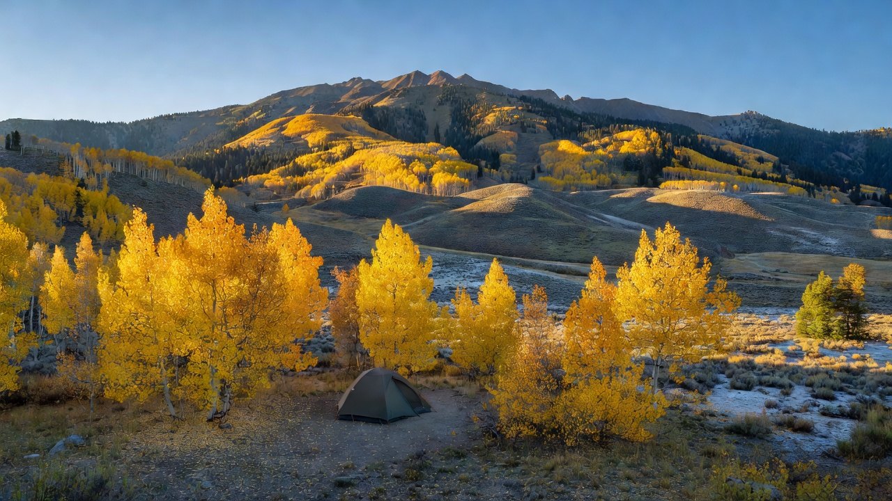 A small tent among golden aspen groves on the slopes of Wheeler Peak at sunrise in Great Basin National Park, Nevada