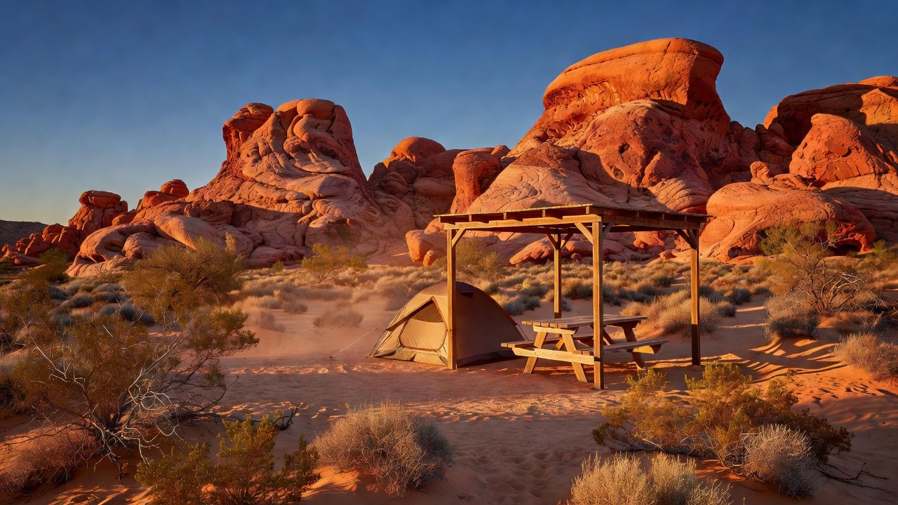 A dome tent and picnic table on a sandy site beneath red Aztec sandstone at golden hour in Valley of Fire, Nevada