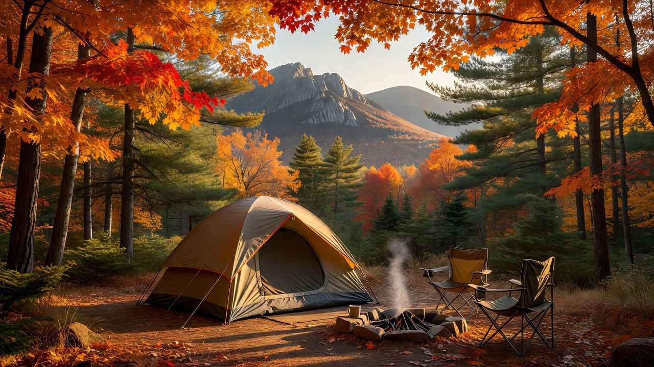 A family dome tent pitched in a White Mountains campground under brilliant autumn maple foliage