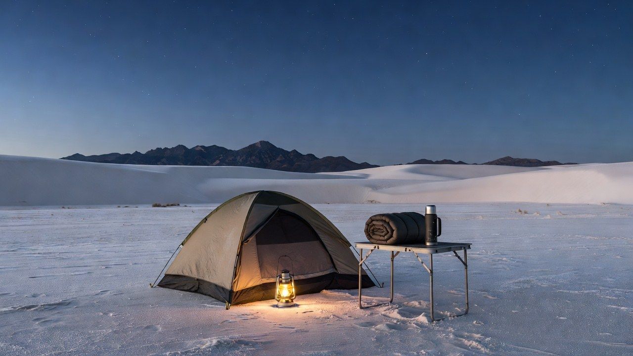 Winter desert campsite in southern New Mexico at dusk with a tent and lantern in front of white gypsum dunes under a deep blue sky