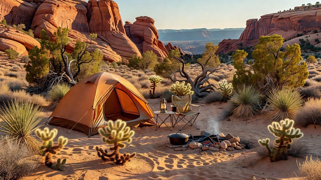 Family campsite in the New Mexico high desert at golden hour with a dome tent among cholla and juniper below red-rock canyon walls