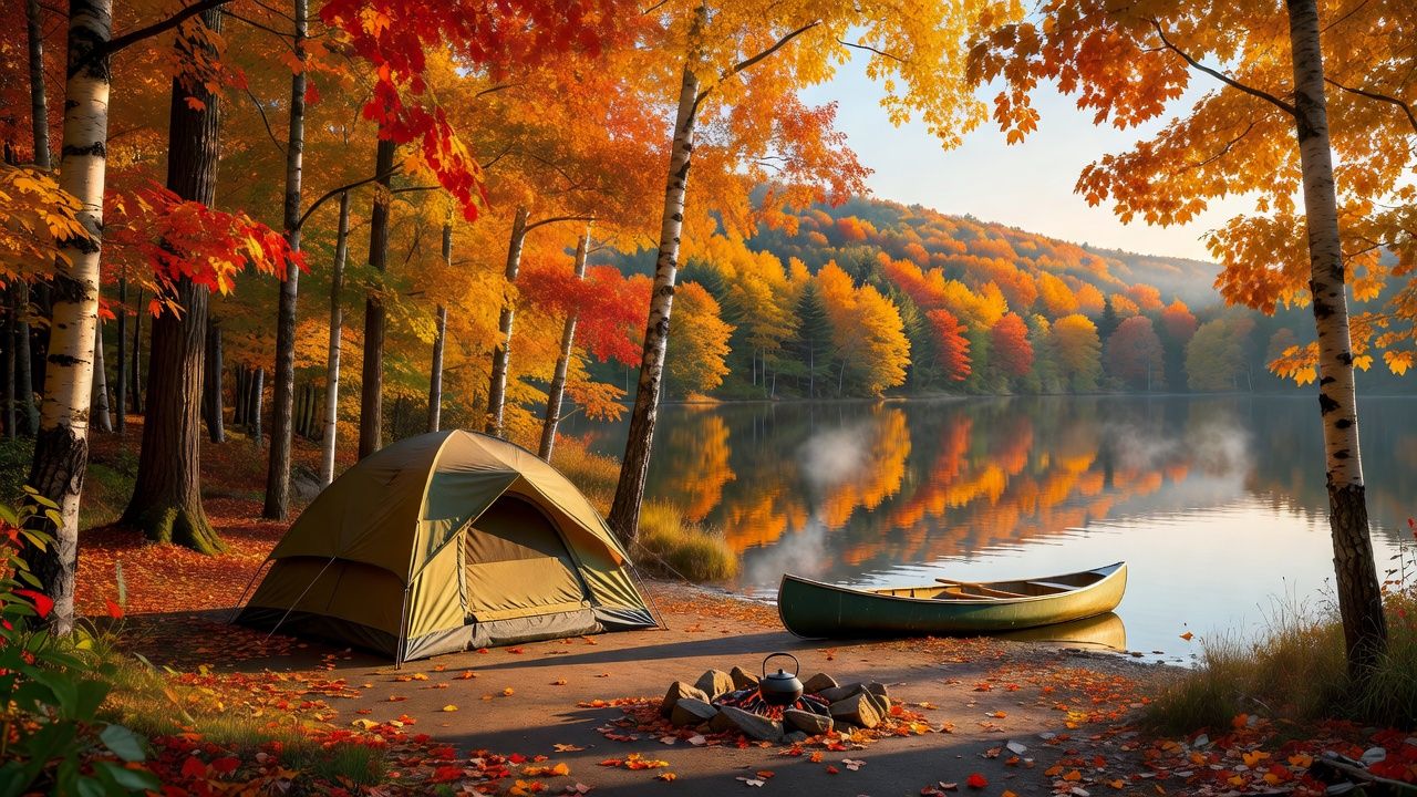Lakeside campsite in the Adirondacks surrounded by peak fall foliage, with a family tent and a canoe on the shore