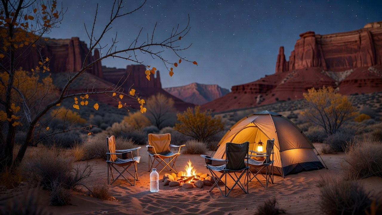 Late-autumn campsite at dusk, tent glowing with lantern light and frost on the ground