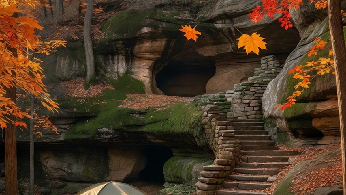Autumn campsite with a dome tent, fire ring and picnic table under an orange maple canopy