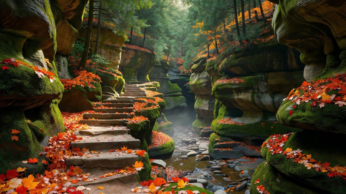 Autumn sandstone gorge trail with stone steps and orange maple canopy in the Hocking Hills