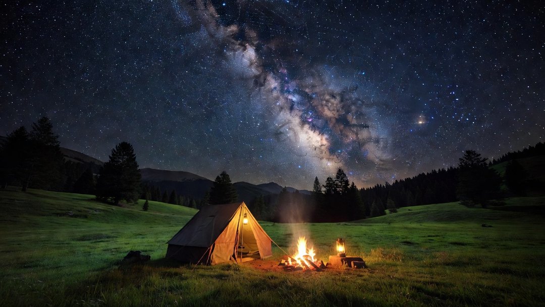 A campsite at dusk in the Oklahoma panhandle with the Milky Way over a tent, no light pollution visible