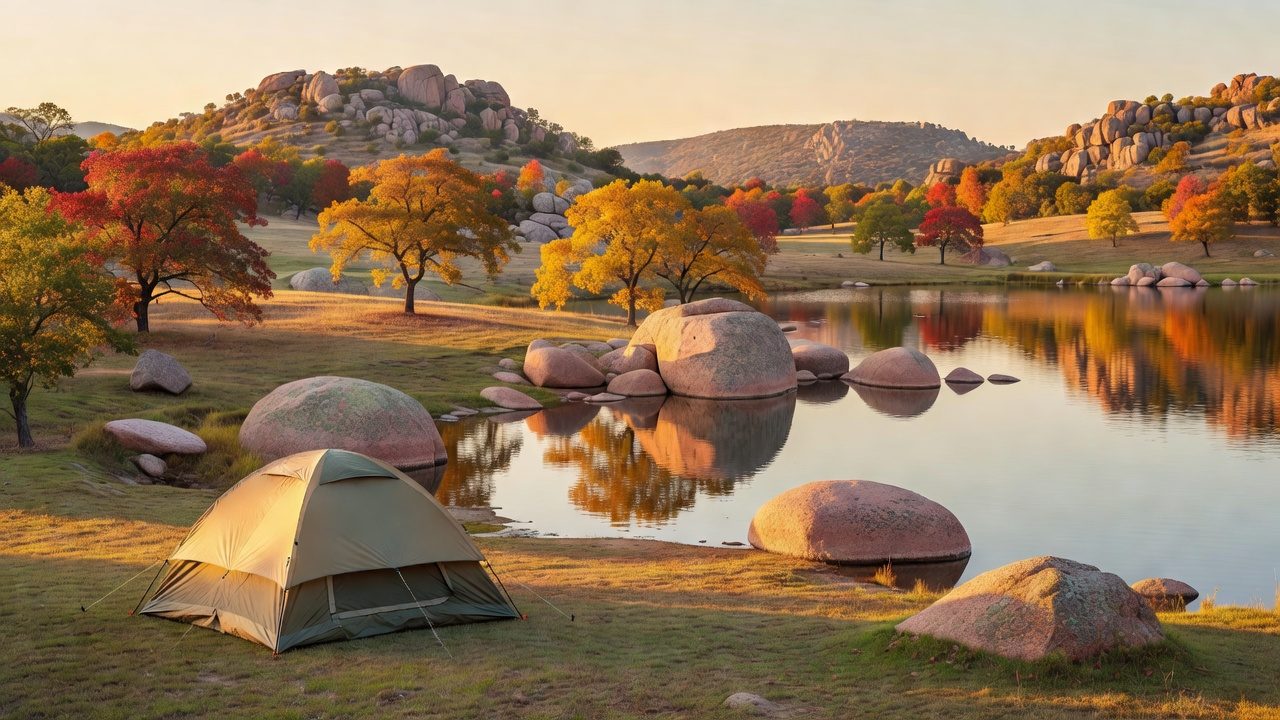 A family tent pitched among post oaks above a lake in the Wichita Mountains at golden hour, with granite boulders along the shoreline