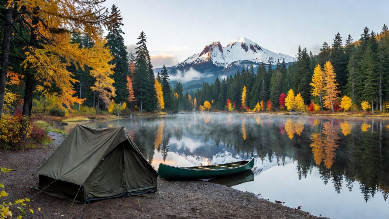Autumn campsite beside a Cascade lake in Oregon with fall color on the far shore