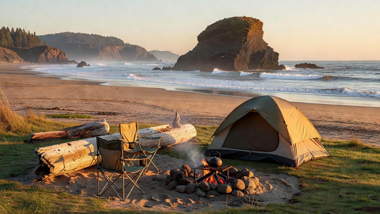 Autumn campsite on the Oregon coast with a sea stack offshore