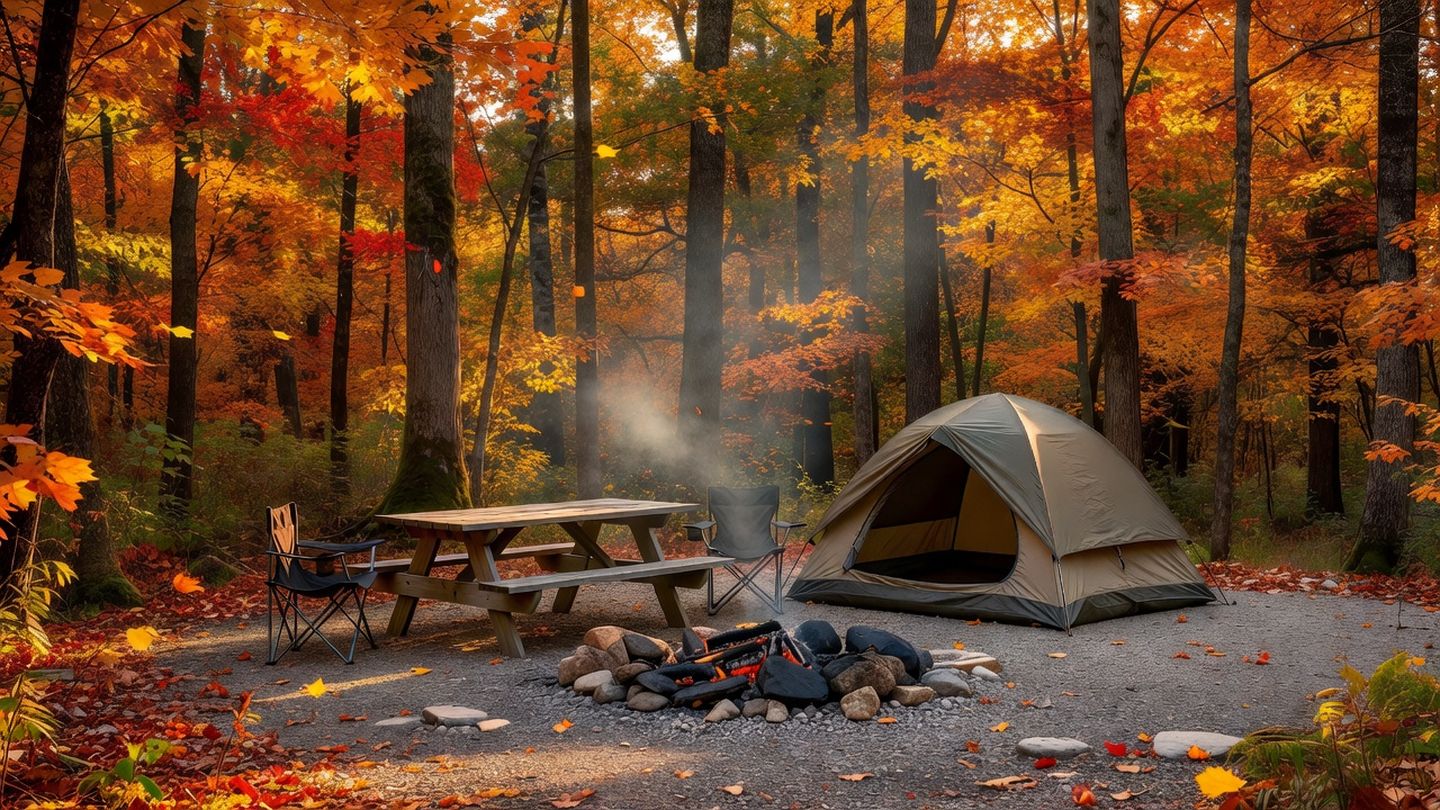 Golden-hour campsite in a Pennsylvania state forest with hardwood trees turning color and a family tent pitched on a gravel pad