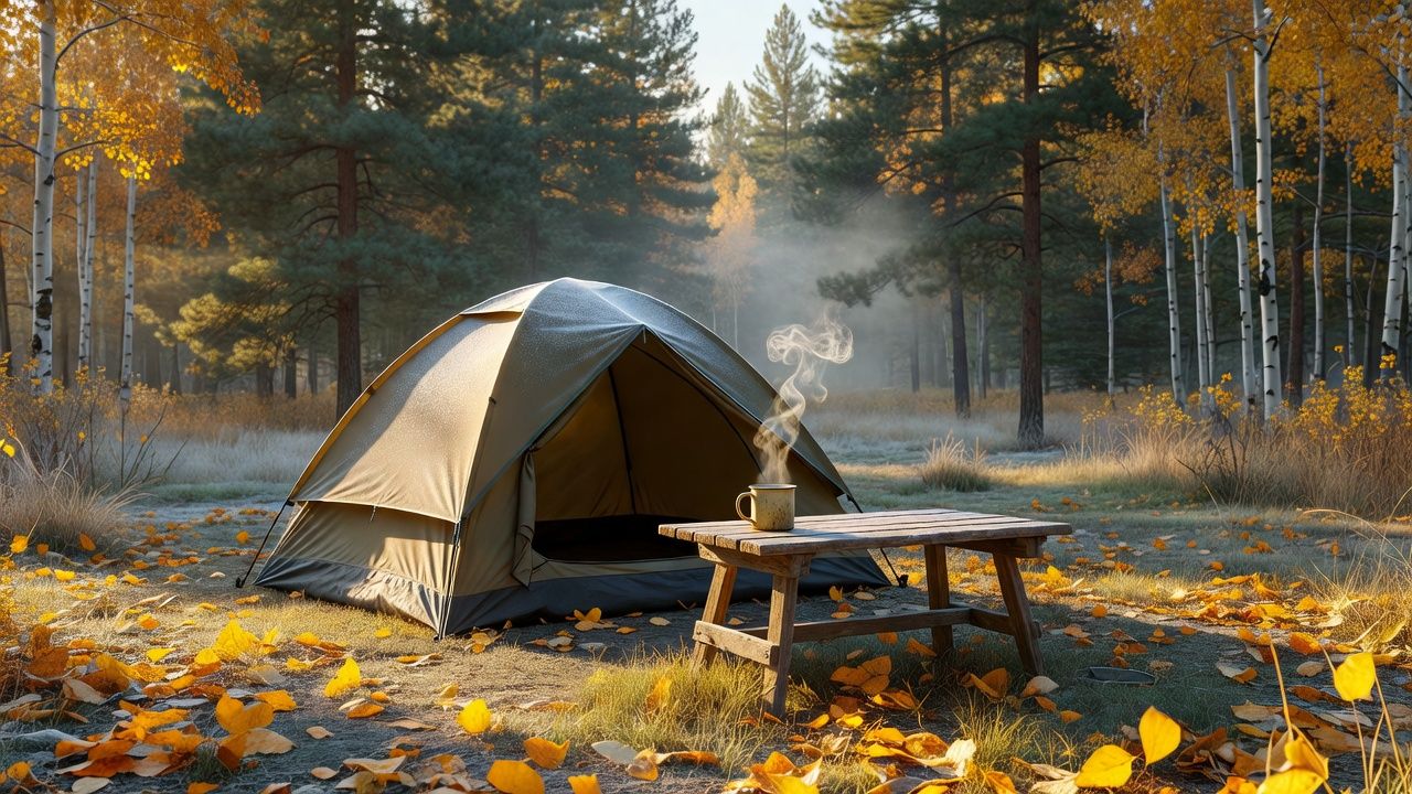 Frost on a tent fly on a late-September morning with a hot mug steaming on the picnic table