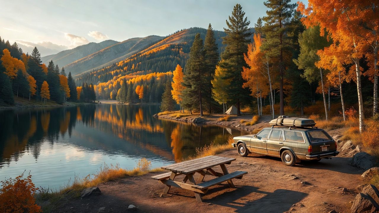 A loaded station wagon at an autumn lake overlook with fall color across the ridges