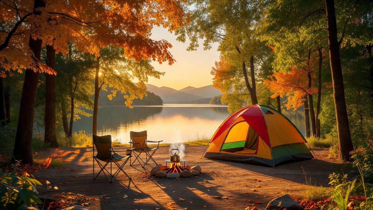 Early-autumn family campsite at golden hour with a tent among the first turning leaves