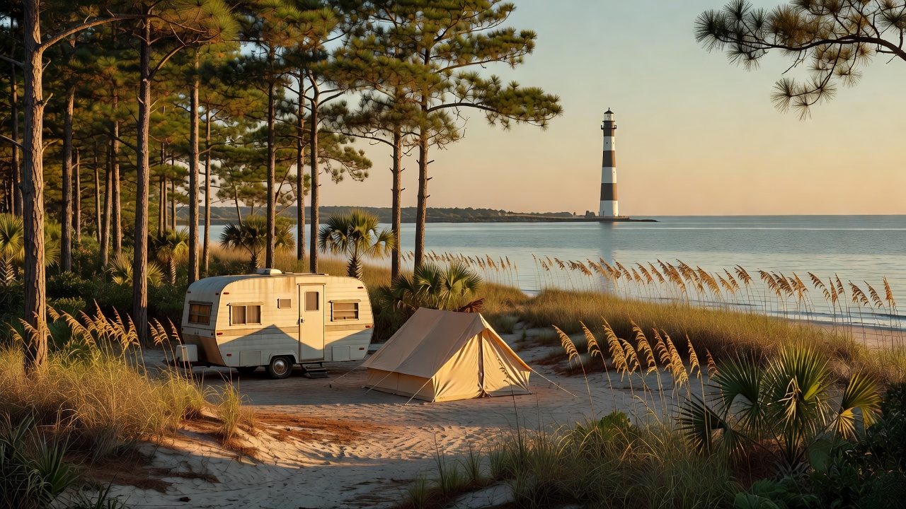 A coastal South Carolina campground at golden hour behind the dunes