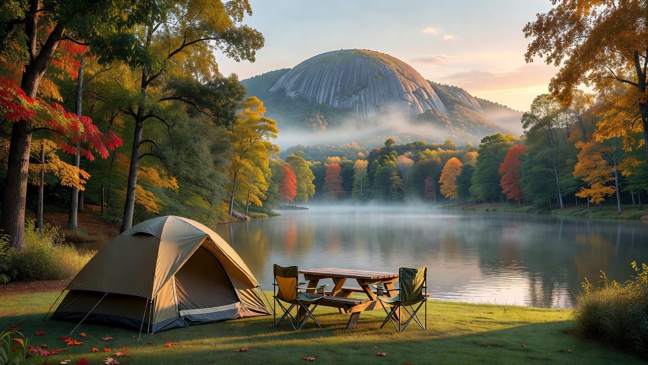 A family campsite in the South Carolina Upstate as the hardwoods start to turn