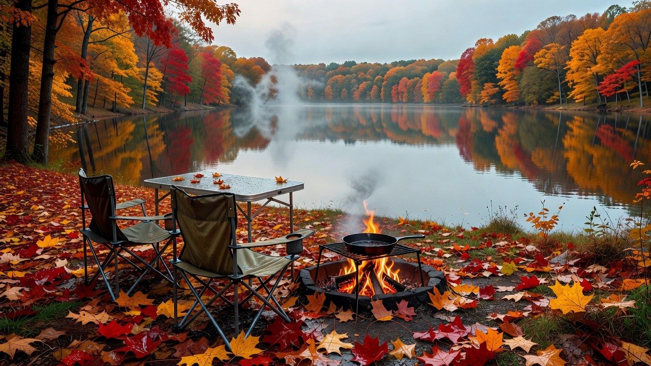 Autumn lake campsite at a Tennessee state park with camp chairs, a folding table and a campfire