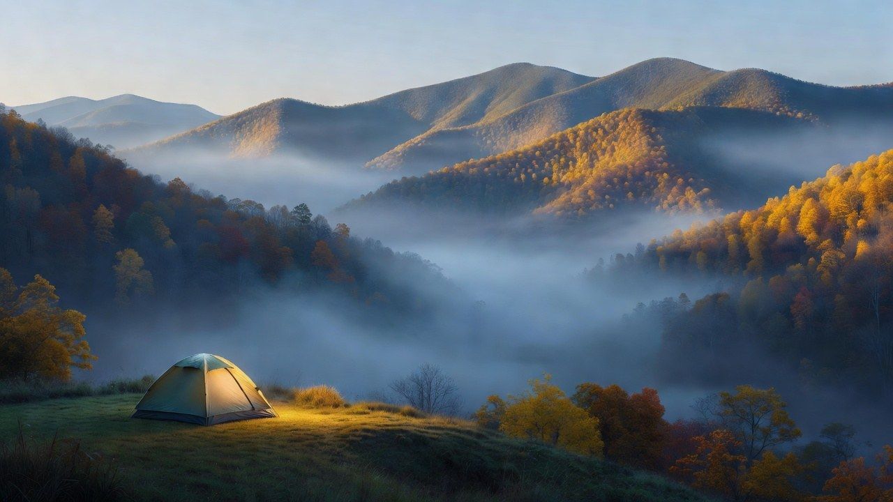 Dawn over layered Great Smoky Mountains ridges in late October with a lit tent on a ridge campsite
