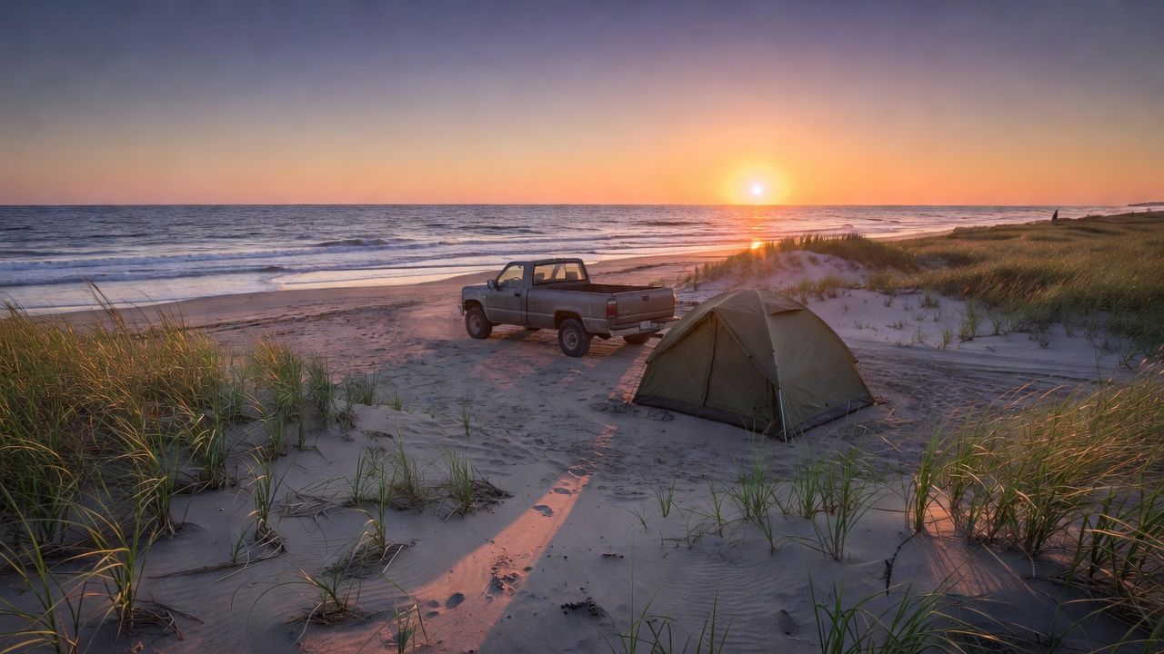 Primitive beach campsite on a Texas Gulf Coast barrier island at sunset with a tent and 4x4 on hard-packed sand