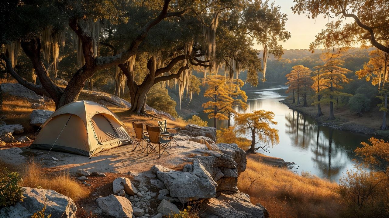 Family campsite in the Texas Hill Country at golden hour with a dome tent under live oaks and a cypress-lined river below