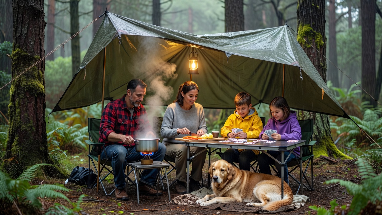 A family cooking under a tarp in the rain β camp stove steaming, kids playing cards, dog relaxing beneath the table β proof that rain camping can be the coziest kind