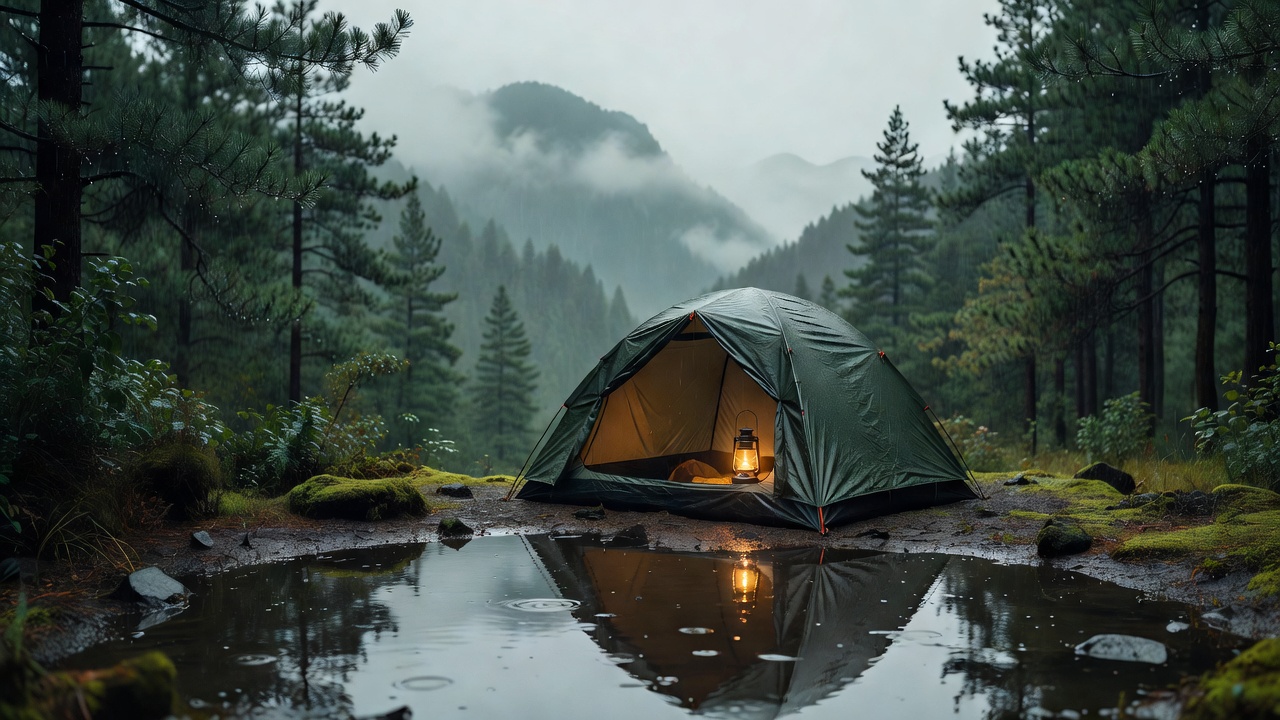 A waterproof tent glowing warmly in the rain β the lantern inside creates a cozy beacon on a misty forest evening