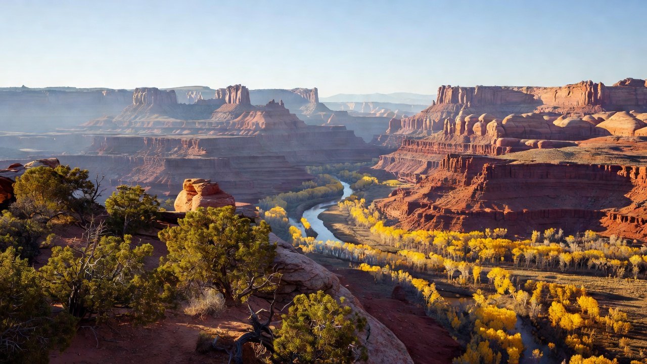 Campers at a red rock canyon overlook in Utah in October with golden cottonwoods and layered mesas