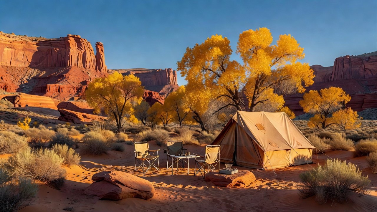 Family campsite in the Utah desert at golden hour with red rock mesas and a canvas tent