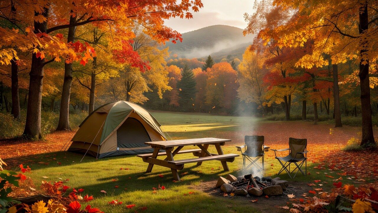 Autumn campsite in a Vermont state park surrounded by peak maple foliage