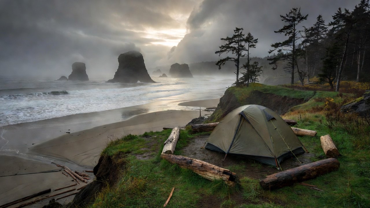 A tent on a grassy bluff above the Washington Pacific coast in autumn, driftwood seats and sea stacks in the misty distance