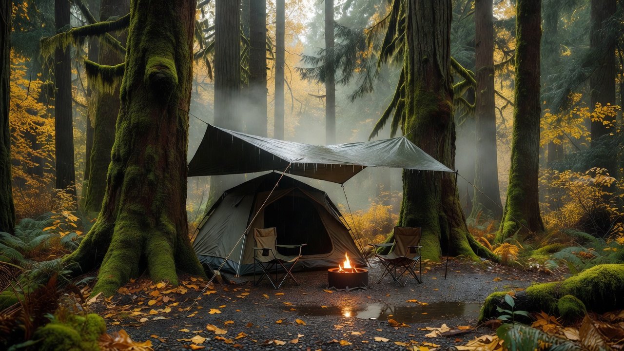 Fall family campsite under mossy old-growth evergreens near Deception Pass, with a tarp over the picnic table and a propane fire pit glowing in the rain