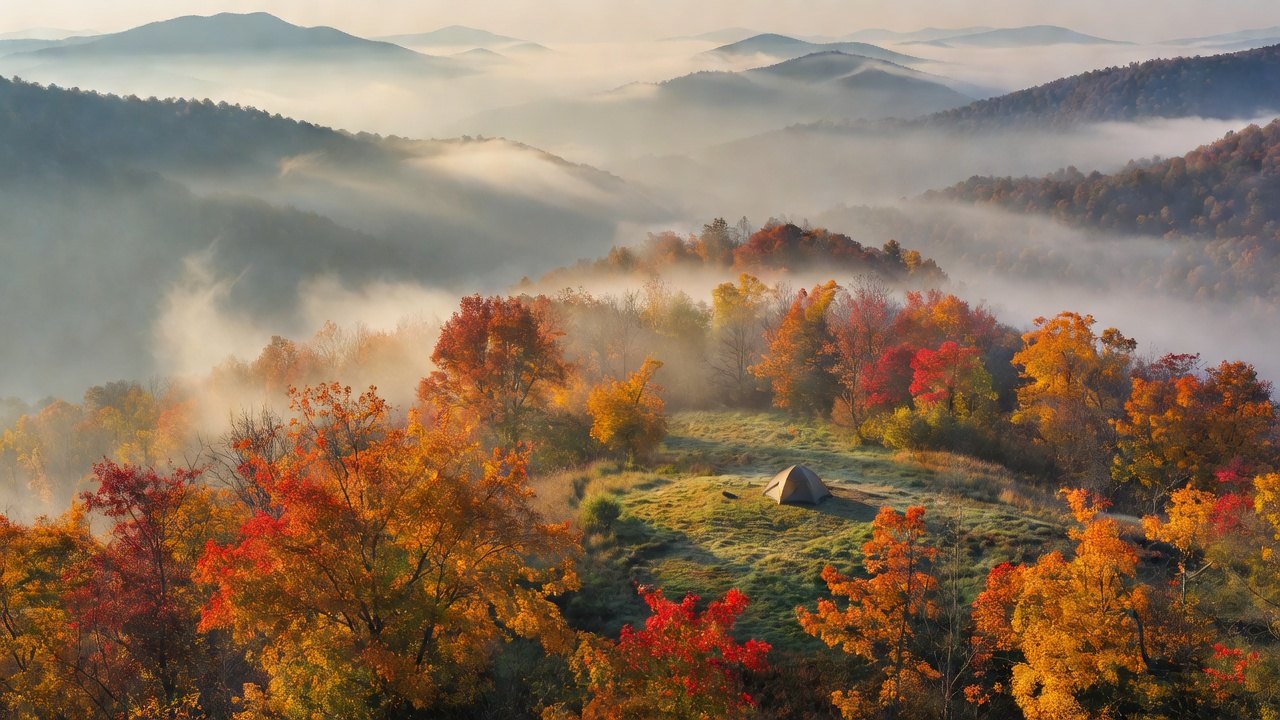 Autumn hardwood ridge with fog in a West Virginia valley, tent pitched below